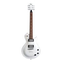White electric guitar with a brown neck on a white background