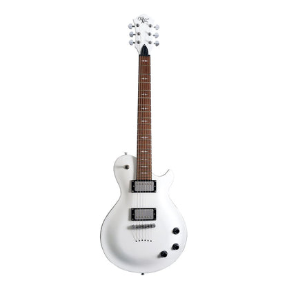 White electric guitar with a brown neck on a white background