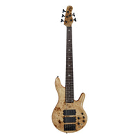 Electric bass guitar with a natural wood finish on a white background