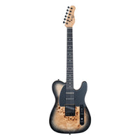 Electric guitar with a black and brown finish on a white background