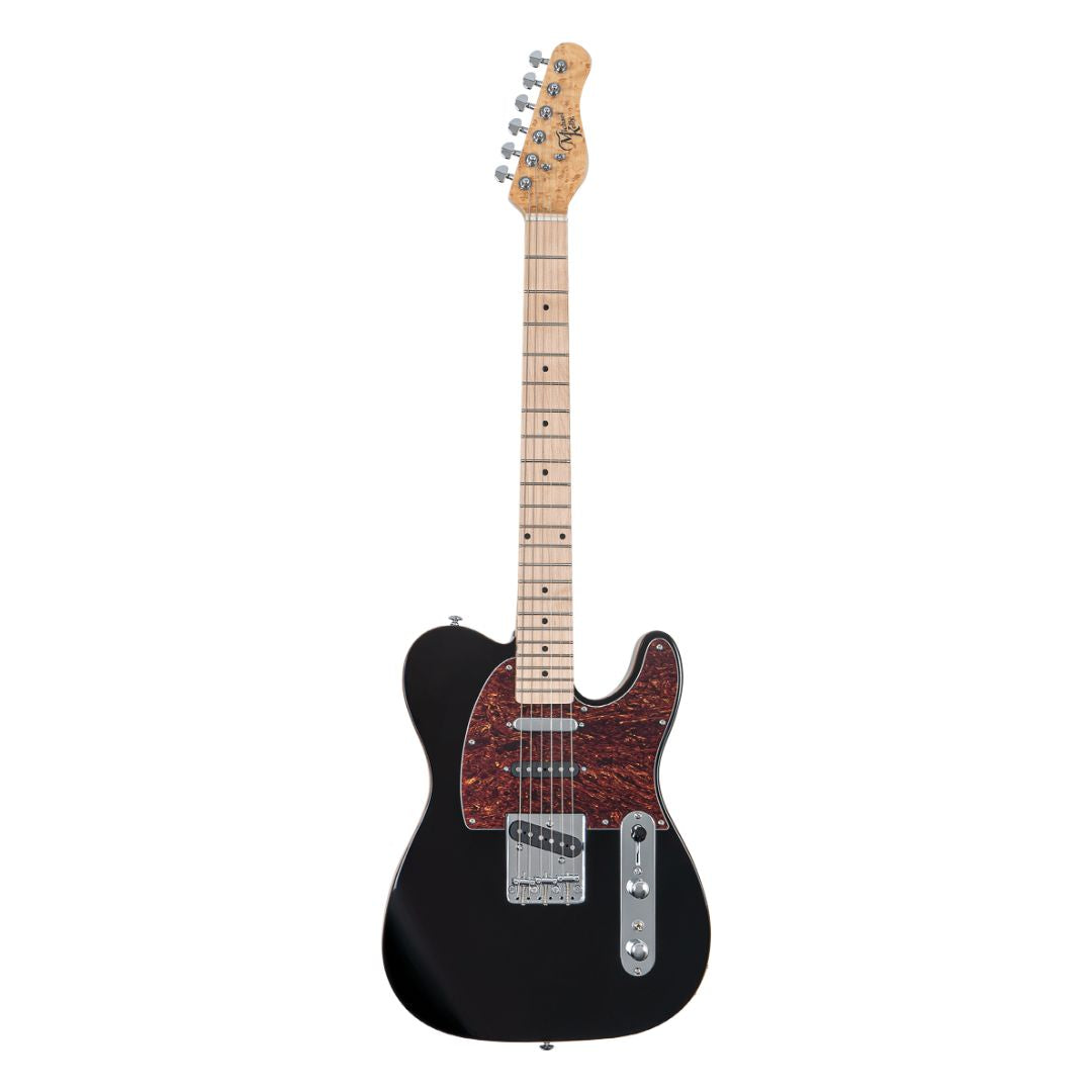 Black electric guitar with a wooden body on a white background