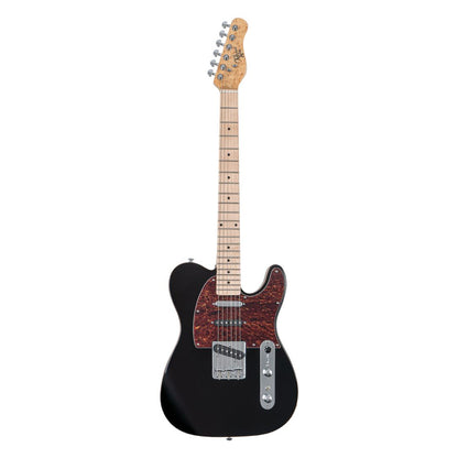 Black electric guitar with a wooden body on a white background