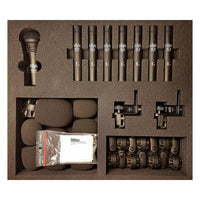 Top view of all inclusions in Milab Drum Microphone Pack inside its carrying case with white background