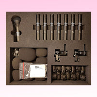Top view of all inclusions in Milab Drum Microphone Pack inside its carrying case with pink background
