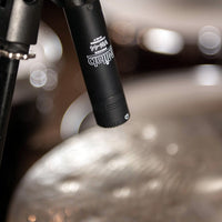 Close up of Milab Microphone micing hi hats with drum kit background