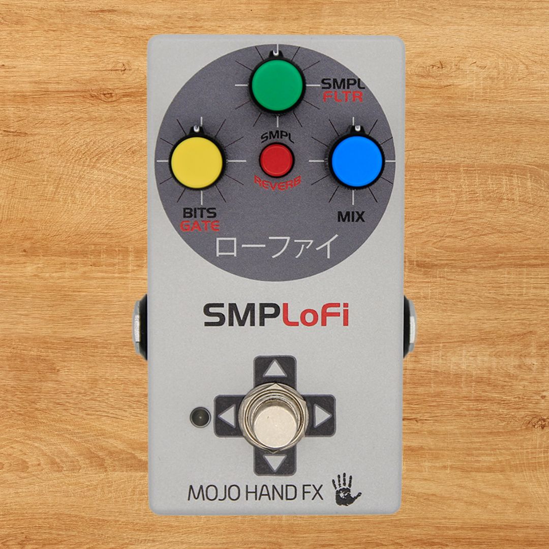 Front view of Mojo Hand FX SMPLoFi Retro Degrader Pedal on wooden background