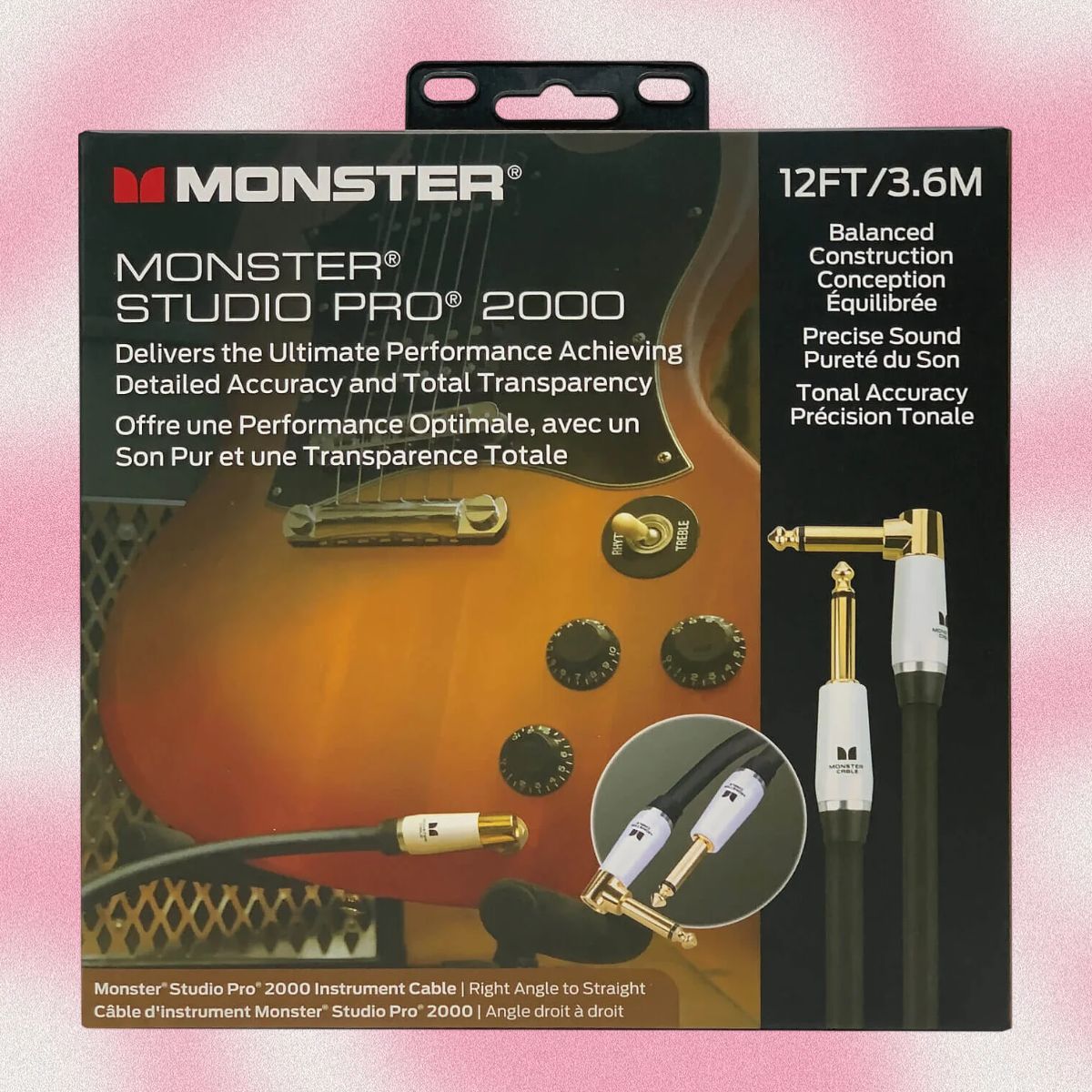 Packaging of Monster SP2000-I-12A Studio Pro 2000 Instrument Cable - 12 foot on pink background