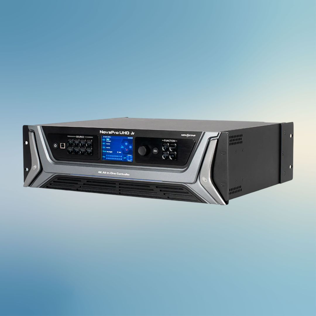 Angled front view of NovaStar NovaPro UHD Jr All-In-One Video Processing Controller on blue background