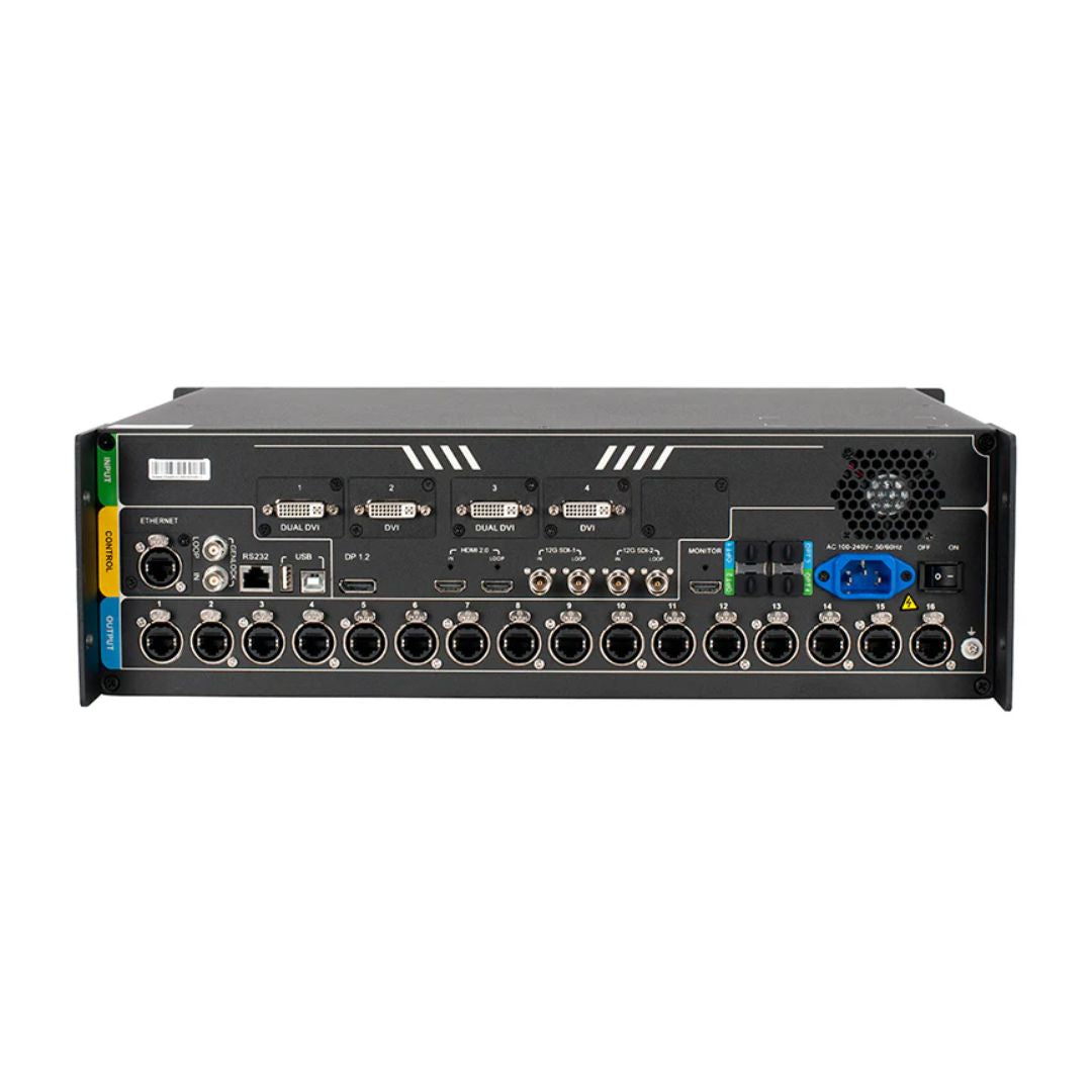 Rear view of NovaStar NovaPro UHD Jr All-In-One Video Processing Controller on white background