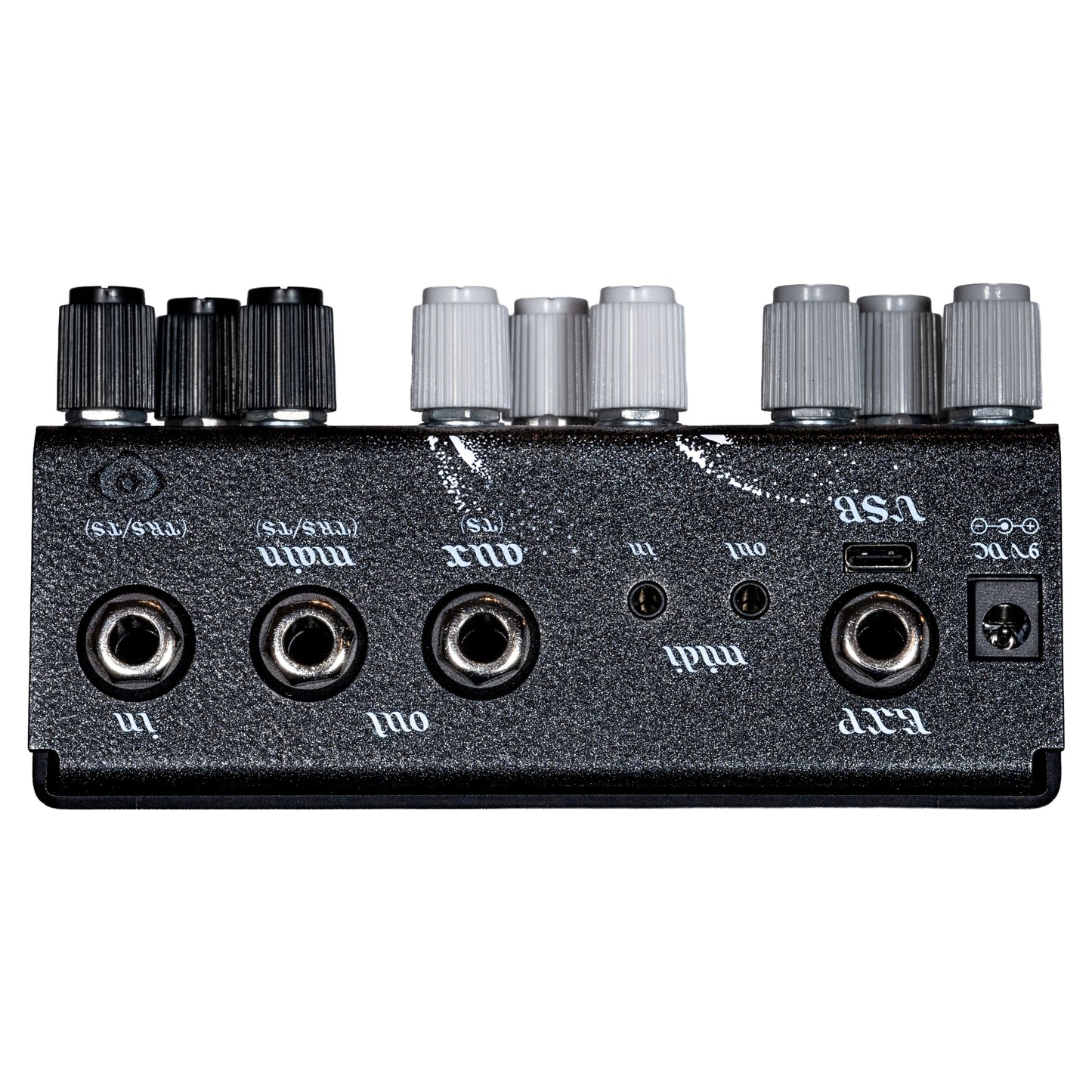 Top ports view of OBNE Beam Splitter V2 Pedal Shadow on white background