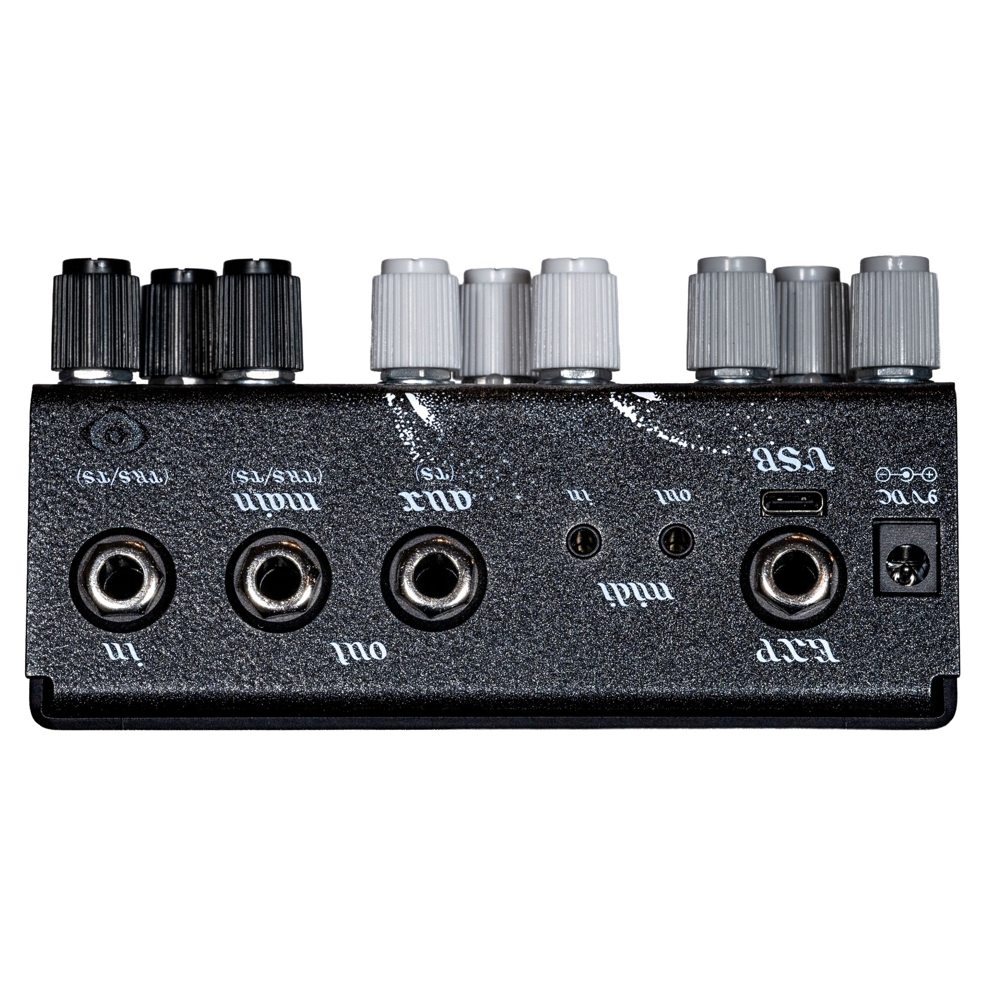 Top ports view of OBNE Beam Splitter V2 Pedal Shadow on white background