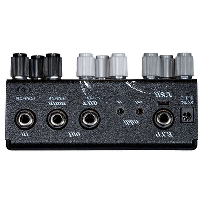 Top ports view of OBNE Beam Splitter V2 Pedal Shadow on white background