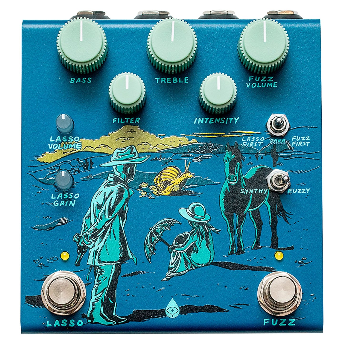 Front view of OBNE Pardner Fuzz Pedal Blue on white background