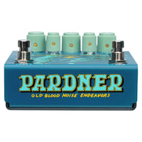 Bottom view of OBNE Pardner Fuzz Pedal Blue on white background