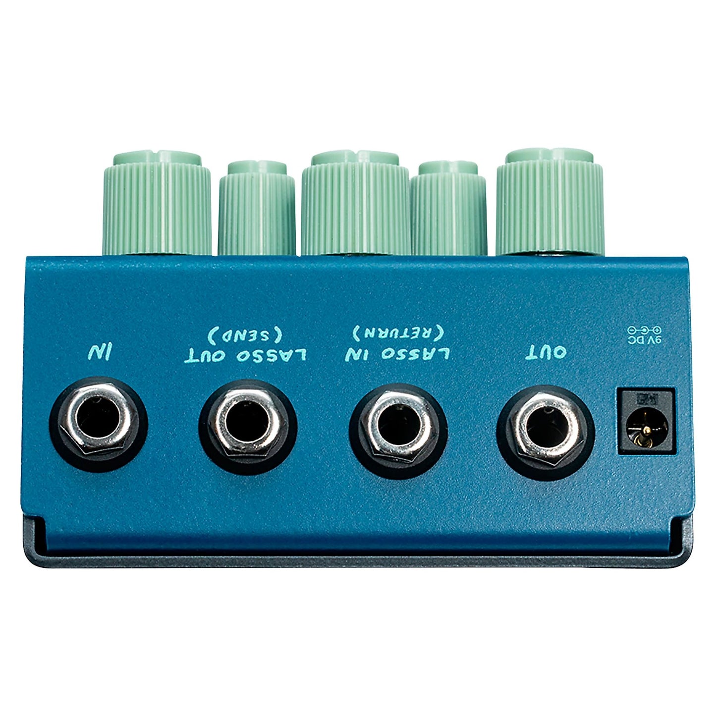 Top ports view of OBNE Pardner Fuzz Pedal Blue on white background
