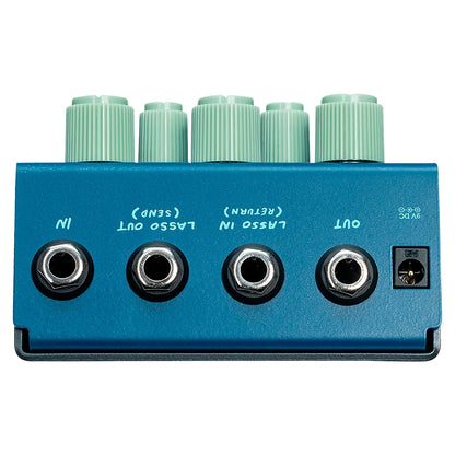 Top ports view of OBNE Pardner Fuzz Pedal Blue on white background