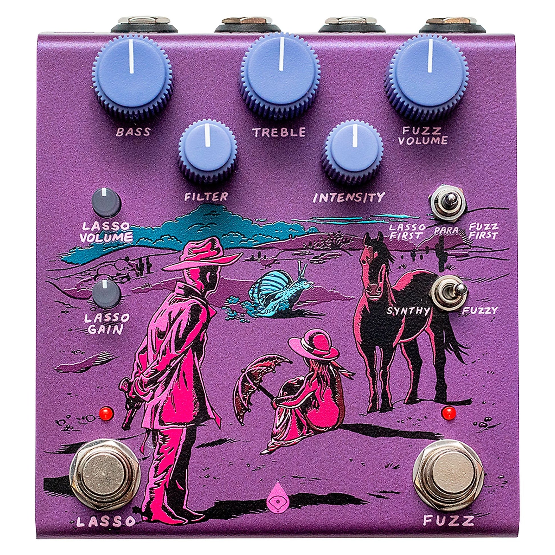 Front view of OBNE Pardner Fuzz Pedal Purple on white background
