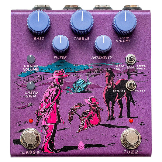 Front view of OBNE Pardner Fuzz Pedal Purple on white background