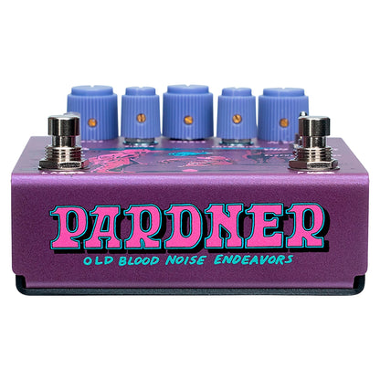 Bottom view of OBNE Pardner Fuzz Pedal Purple on white background
