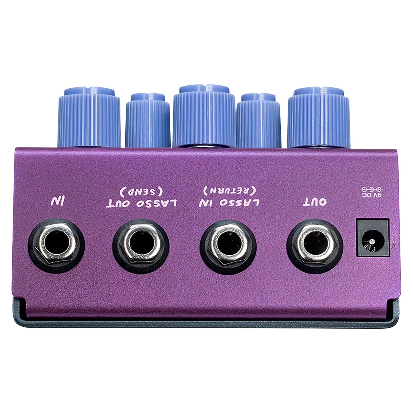 Top ports view of OBNE Pardner Fuzz Pedal Purple on white background