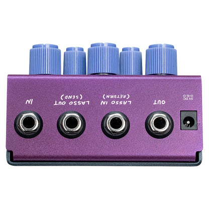 Top ports view of OBNE Pardner Fuzz Pedal Purple on white background