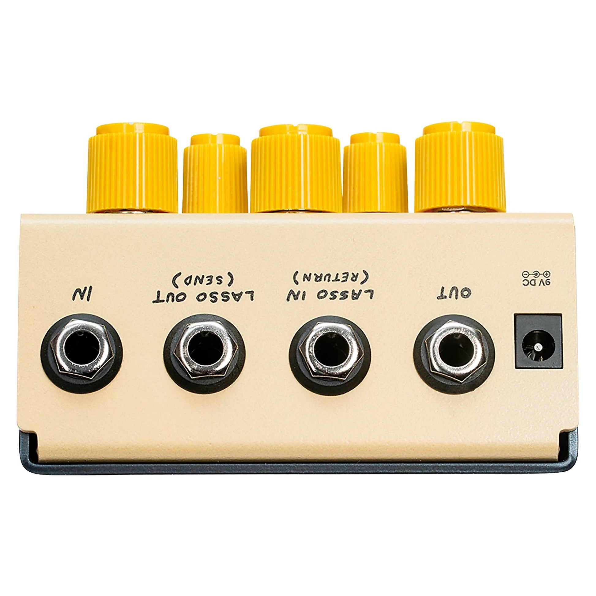 Top ports view of OBNE Pardner Fuzz Pedal Tan on white background