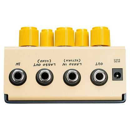 Top ports view of OBNE Pardner Fuzz Pedal Tan on white background