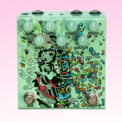 Front view of OBNE Parting Glitch Device Pedal Green on pink background