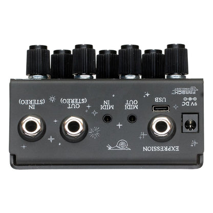Top jacks view of OBNE Sunlight Stereo Pedal Black on white background