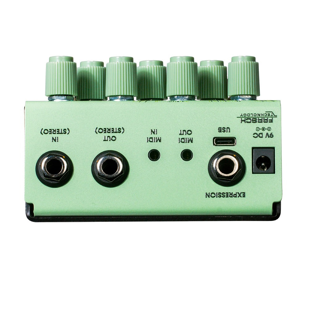 Top jacks view of OBNE Parting Glitch Device Pedal Green on white background