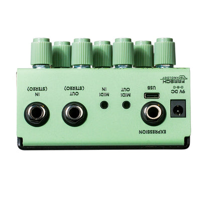 Top jacks view of OBNE Parting Glitch Device Pedal Green on white background