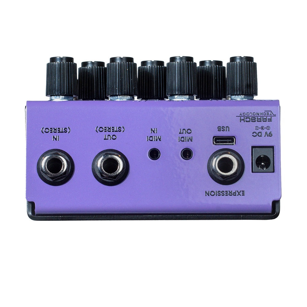 Top jacks view of OBNE Parting Glitch Device Pedal Purple on white background