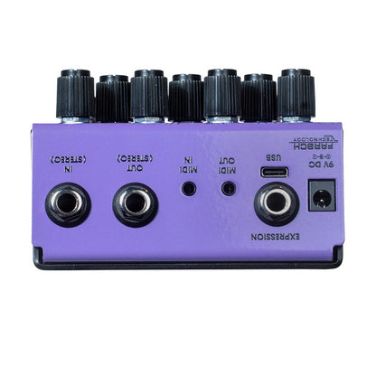 Top jacks view of OBNE Parting Glitch Device Pedal Purple on white background
