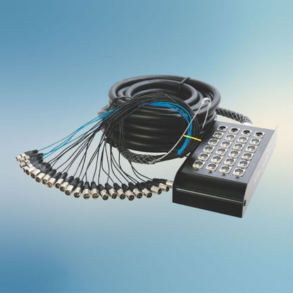 On-Stage 100' 20-Channel/4-Return Stage Snake on blue background