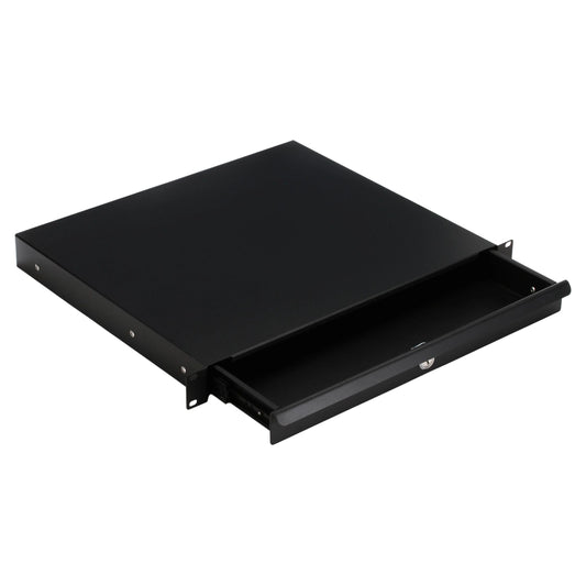 Angled view of opened On-Stage 1U Locking Rack Drawer on white background