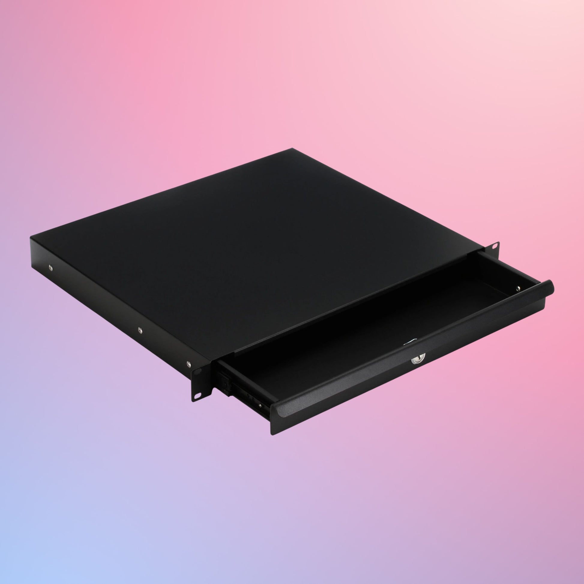 Angled view of opened On-Stage 1U Locking Rack Drawer on pink and purple gradient background
