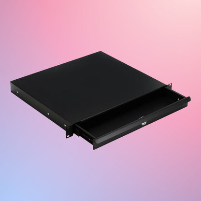 Angled view of opened On-Stage 1U Locking Rack Drawer on pink and purple gradient background