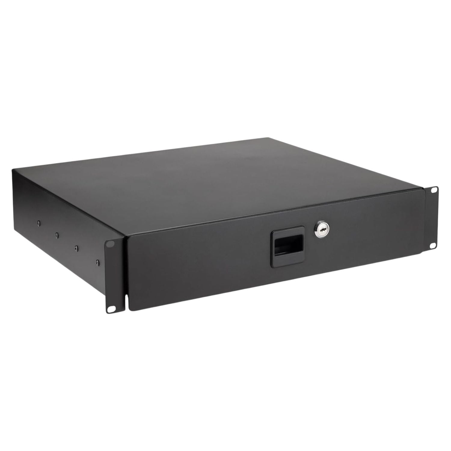 Angled view of On-Stage 2U Locking Rack Drawer on white background