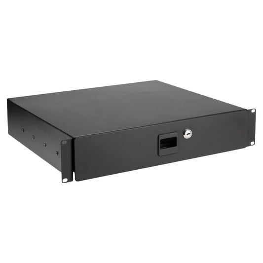 Angled view of On-Stage 2U Locking Rack Drawer on white background