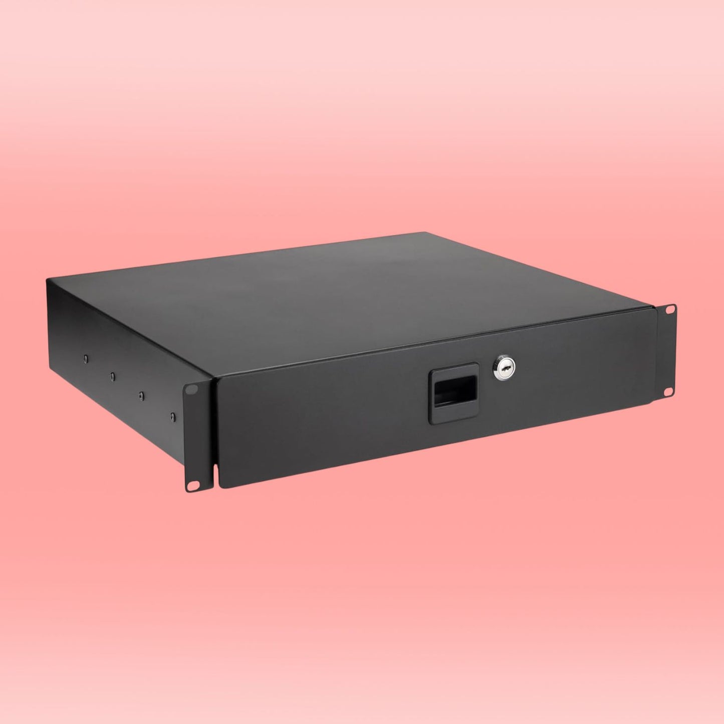 Angled view of On-Stage 2U Locking Rack Drawer on pink background