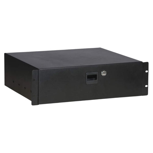 Angled view of On-Stage 3U Locking Rack Drawer on white background
