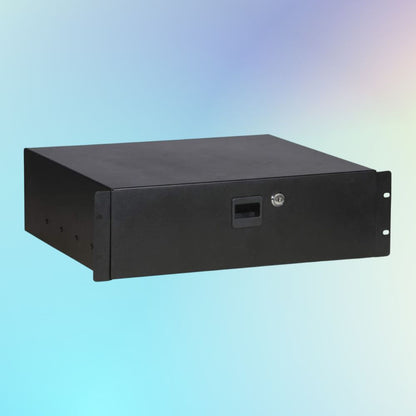 Angled view of On-Stage 3U Locking Rack Drawer on blue background