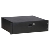 Angled view of On-Stage 3U Locking Rack Drawer (Shallow) on white background