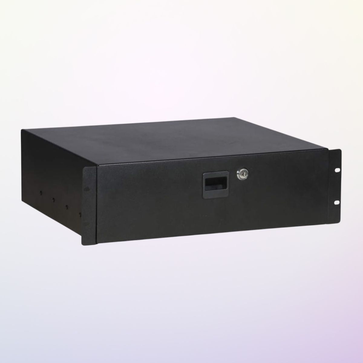 Angled view of On-Stage 3U Locking Rack Drawer (Shallow) on purple background
