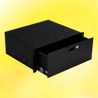 Angled view of On-Stage 4U Locking Rack Drawer on yellow background