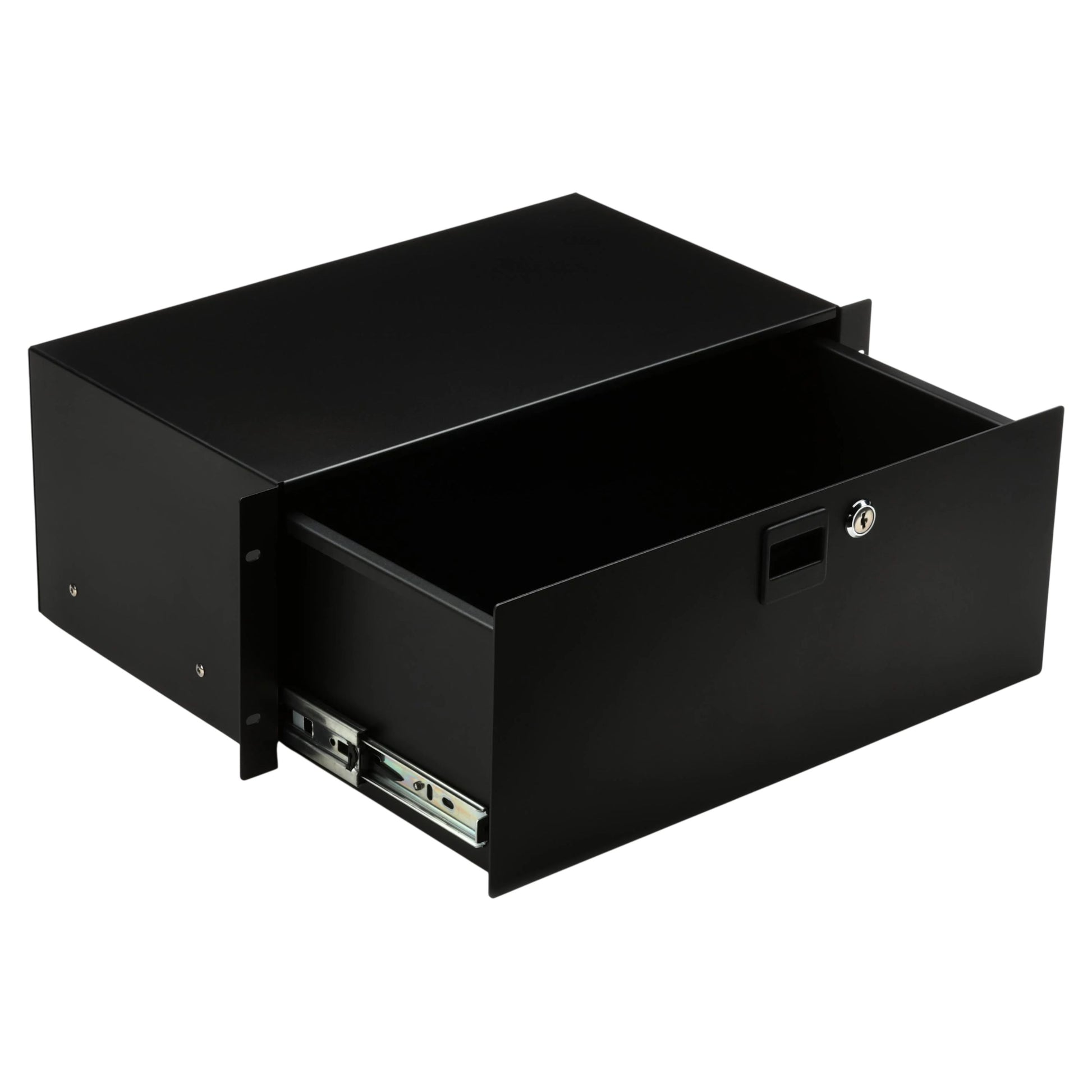 Angled view of open On-Stage 4U Locking Rack Drawer (Shallow) on white background