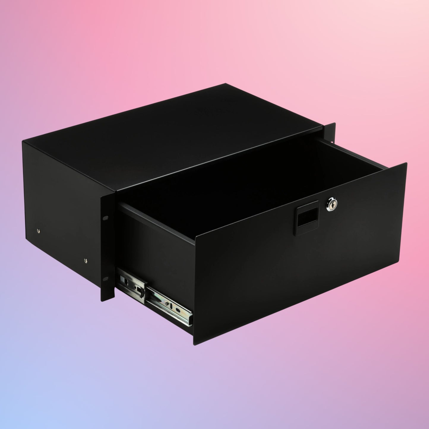 Angled view of open On-Stage 4U Locking Rack Drawer (Shallow) on pink gradient background