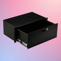 Angled view of open On-Stage 4U Locking Rack Drawer (Shallow) on pink gradient background