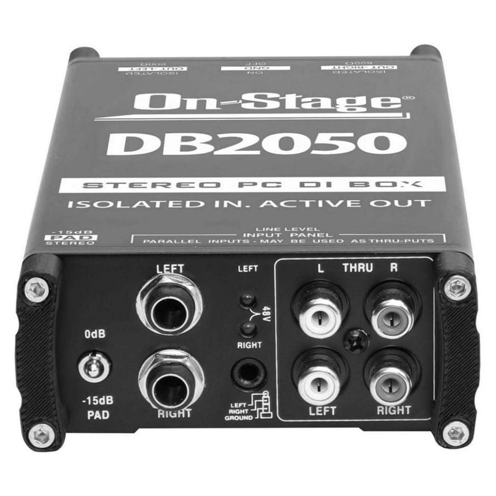 Angled bottom ports view of On-Stage Active Stereo Multimedia DI Box on white background