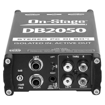 Angled bottom ports view of On-Stage Active Stereo Multimedia DI Box on white background